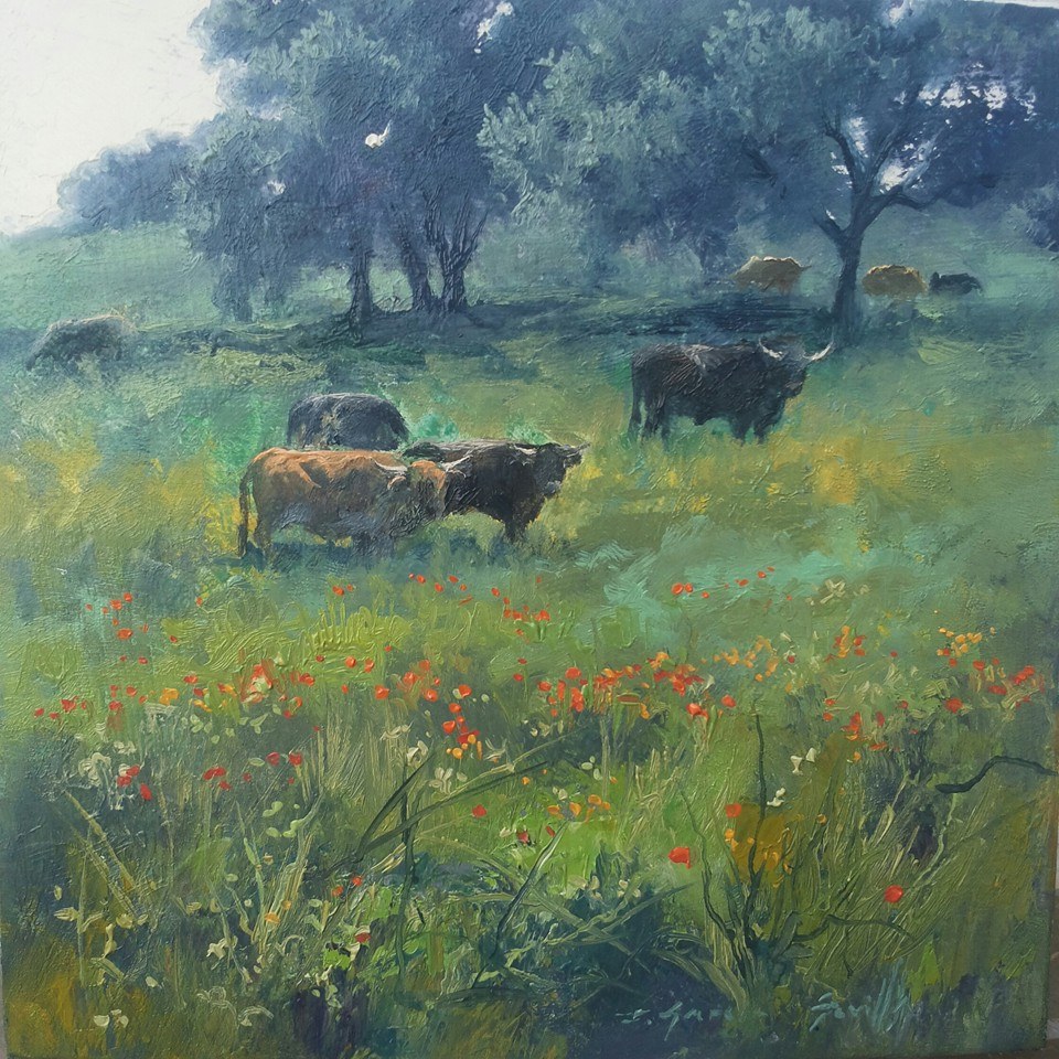 Toros en la dehesa gaditana - Óleo sobre madera preparada - 10x10